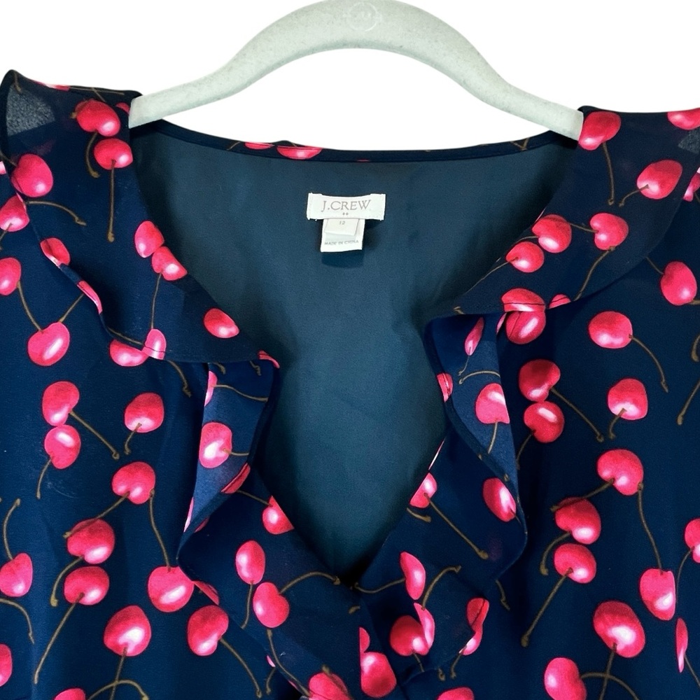 J Crew Factory Cherry Print Dress Ruffled Neck and Hemline Faux Wrap Navy Red 12 - Picture 5 of 11